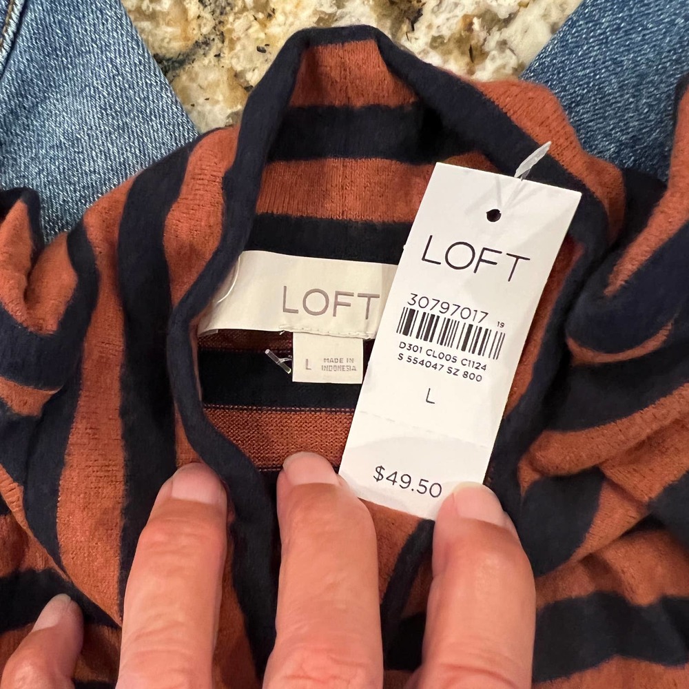 NWT Loft Rust/Brown & Navy Striped Soft Knit Mock Neck Top - SIZE LARGE - Picture 10 of 10